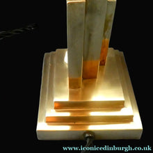 Load image into Gallery viewer, ART DECO Brass Table Lamp with Skyscraper Geometric Stepped Base; With Angular Globe Glass Shade
