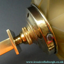 Load image into Gallery viewer, ART DECO Brass Table Lamp with Skyscraper Geometric Stepped Base; With Angular Globe Glass Shade
