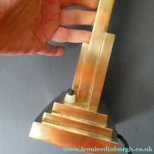 Load image into Gallery viewer, ART DECO Brass Table Lamp with Skyscraper Geometric Stepped Base; With Angular Globe Glass Shade
