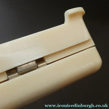 Load image into Gallery viewer, 1930s Art Deco Cream Celluloid Trinket Box with Faux Decorative Clasps and a Hinged Lid
