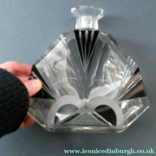 Load image into Gallery viewer, Large 1930s Art Deco Czech Glass Decanter by KARL PALDA. Geometric Clear Glass, with Engraved Lines and Black Enamel
