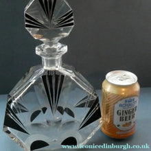 Load image into Gallery viewer, Large 1930s Art Deco Czech Glass Decanter by KARL PALDA. Geometric Clear Glass, with Engraved Lines and Black Enamel
