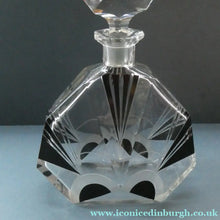 Load image into Gallery viewer, Large 1930s Art Deco Czech Glass Decanter by KARL PALDA. Geometric Clear Glass, with Engraved Lines and Black Enamel
