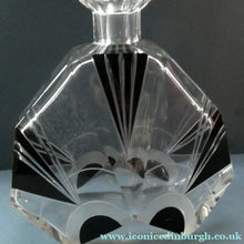 Load image into Gallery viewer, Large 1930s Art Deco Czech Glass Decanter by KARL PALDA. Geometric Clear Glass, with Engraved Lines and Black Enamel

