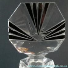 Load image into Gallery viewer, Large 1930s Art Deco Czech Glass Decanter by KARL PALDA. Geometric Clear Glass, with Engraved Lines and Black Enamel
