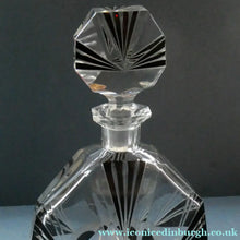 Load image into Gallery viewer, Large 1930s Art Deco Czech Glass Decanter by KARL PALDA. Geometric Clear Glass, with Engraved Lines and Black Enamel
