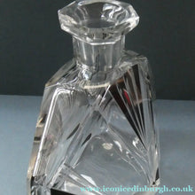 Load image into Gallery viewer, Large 1930s Art Deco Czech Glass Decanter by KARL PALDA. Geometric Clear Glass, with Engraved Lines and Black Enamel
