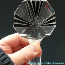 Load image into Gallery viewer, Large 1930s Art Deco Czech Glass Decanter by KARL PALDA. Geometric Clear Glass, with Engraved Lines and Black Enamel
