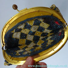 Load image into Gallery viewer, ART DECO Glass Beaded Bag with Celluloid Curved Clasp and Coffee Bean Details. Fabulous Vintage 1930s Evening Bag
