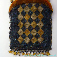 Load image into Gallery viewer, ART DECO Glass Beaded Bag with Celluloid Curved Clasp and Coffee Bean Details. Fabulous Vintage 1930s Evening Bag
