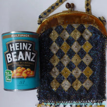 Load image into Gallery viewer, ART DECO Glass Beaded Bag with Celluloid Curved Clasp and Coffee Bean Details. Fabulous Vintage 1930s Evening Bag
