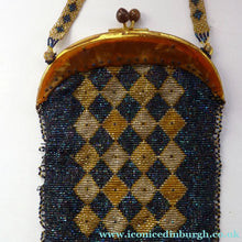 Load image into Gallery viewer, ART DECO Glass Beaded Bag with Celluloid Curved Clasp and Coffee Bean Details. Fabulous Vintage 1930s Evening Bag
