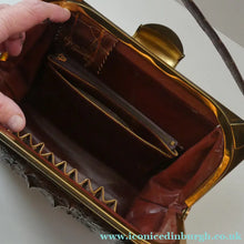 Load image into Gallery viewer, Vintage 1930s ART DECO Hornback Crocodile with Brass Enamel Metal Frame and Fancy Brass Clasp

