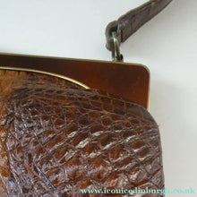 Load image into Gallery viewer, Vintage 1930s ART DECO Hornback Crocodile with Brass Enamel Metal Frame and Fancy Brass Clasp
