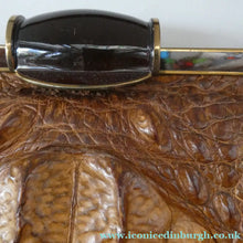 Load image into Gallery viewer, Vintage 1930s ART DECO Hornback Crocodile with Brass Enamel Metal Frame and Fancy Brass Clasp
