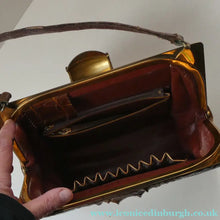 Load image into Gallery viewer, Vintage 1930s ART DECO Hornback Crocodile with Brass Enamel Metal Frame and Fancy Brass Clasp
