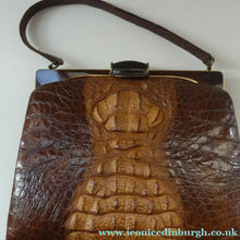 Load image into Gallery viewer, Vintage 1930s ART DECO Hornback Crocodile with Brass Enamel Metal Frame and Fancy Brass Clasp
