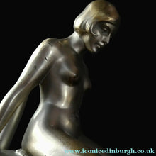 Load image into Gallery viewer, 1930s ART DECO Metal Table Lamp. Silver-Tone Kneeling Nude. Pink Glass Shade
