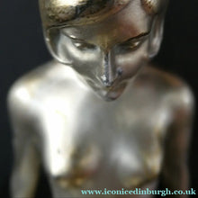 Load image into Gallery viewer, 1930s ART DECO Metal Table Lamp. Silver-Tone Kneeling Nude. Pink Glass Shade
