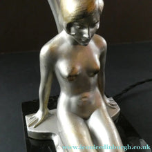 Load image into Gallery viewer, 1930s ART DECO Metal Table Lamp. Silver-Tone Kneeling Nude. Pink Glass Shade
