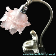 Load image into Gallery viewer, 1930s ART DECO Metal Table Lamp. Silver-Tone Kneeling Nude. Pink Glass Shade

