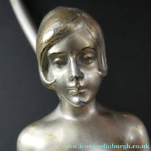 Load image into Gallery viewer, 1930s ART DECO Metal Table Lamp. Silver-Tone Kneeling Nude. Pink Glass Shade
