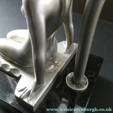 Load image into Gallery viewer, 1930s ART DECO Metal Table Lamp. Silver-Tone Kneeling Nude. Pink Glass Shade
