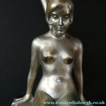 Load image into Gallery viewer, 1930s ART DECO Metal Table Lamp. Silver-Tone Kneeling Nude. Pink Glass Shade
