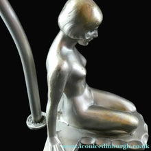 Load image into Gallery viewer, 1930s ART DECO Metal Table Lamp. Silver-Tone Kneeling Nude. Pink Glass Shade
