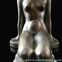 Load image into Gallery viewer, 1930s ART DECO Metal Table Lamp. Silver-Tone Kneeling Nude. Pink Glass Shade
