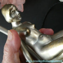 Load image into Gallery viewer, 1930s ART DECO Metal Table Lamp. Silver-Tone Kneeling Nude. Pink Glass Shade
