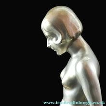 Load image into Gallery viewer, 1930s ART DECO Metal Table Lamp. Silver-Tone Kneeling Nude. Pink Glass Shade
