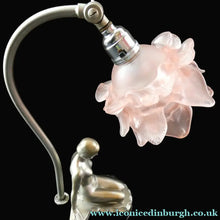 Load image into Gallery viewer, 1930s ART DECO Metal Table Lamp. Silver-Tone Kneeling Nude. Pink Glass Shade

