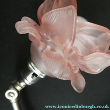 Load image into Gallery viewer, 1930s ART DECO Metal Table Lamp. Silver-Tone Kneeling Nude. Pink Glass Shade
