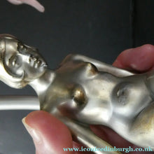 Load image into Gallery viewer, 1930s ART DECO Metal Table Lamp. Silver-Tone Kneeling Nude. Pink Glass Shade
