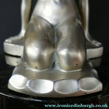 Load image into Gallery viewer, 1930s ART DECO Metal Table Lamp. Silver-Tone Kneeling Nude. Pink Glass Shade
