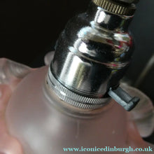 Load image into Gallery viewer, 1930s ART DECO Metal Table Lamp. Silver-Tone Kneeling Nude. Pink Glass Shade
