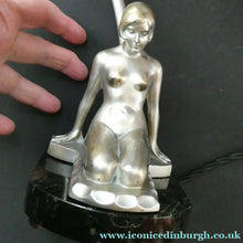 Load image into Gallery viewer, 1930s ART DECO Metal Table Lamp. Silver-Tone Kneeling Nude. Pink Glass Shade
