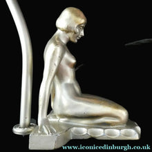 Load image into Gallery viewer, 1930s ART DECO Metal Table Lamp. Silver-Tone Kneeling Nude. Pink Glass Shade
