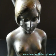 Load image into Gallery viewer, 1930s ART DECO Metal Table Lamp. Silver-Tone Kneeling Nude. Pink Glass Shade
