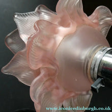 Load image into Gallery viewer, 1930s ART DECO Metal Table Lamp. Silver-Tone Kneeling Nude. Pink Glass Shade
