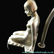 Load image into Gallery viewer, 1930s ART DECO Metal Table Lamp. Silver-Tone Kneeling Nude. Pink Glass Shade
