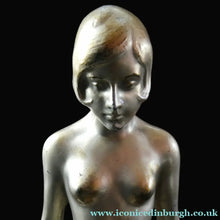 Load image into Gallery viewer, 1930s ART DECO Metal Table Lamp. Silver-Tone Kneeling Nude. Pink Glass Shade
