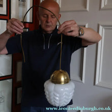 Load image into Gallery viewer, Vintage Opaque White Milk Glass ART DECO Hanging Lampshade with Brass Fittings
