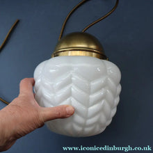 Load image into Gallery viewer, Vintage Opaque White Milk Glass ART DECO Hanging Lampshade with Brass Fittings
