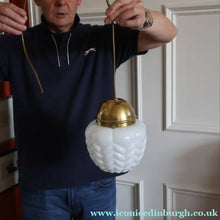 Load image into Gallery viewer, Vintage Opaque White Milk Glass ART DECO Hanging Lampshade with Brass Fittings
