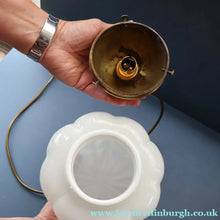 Load image into Gallery viewer, Vintage Opaque White Milk Glass ART DECO Hanging Lampshade with Brass Fittings
