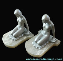 Load image into Gallery viewer, Frankart Cast Metal 1920s Art Deco Nude Ladies Bookends. Alabaster Base
