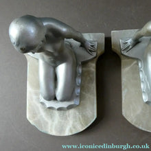 Load image into Gallery viewer, Frankart Cast Metal 1920s Art Deco Nude Ladies Bookends. Alabaster Base
