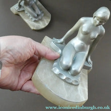 Load image into Gallery viewer, Frankart Cast Metal 1920s Art Deco Nude Ladies Bookends. Alabaster Base
